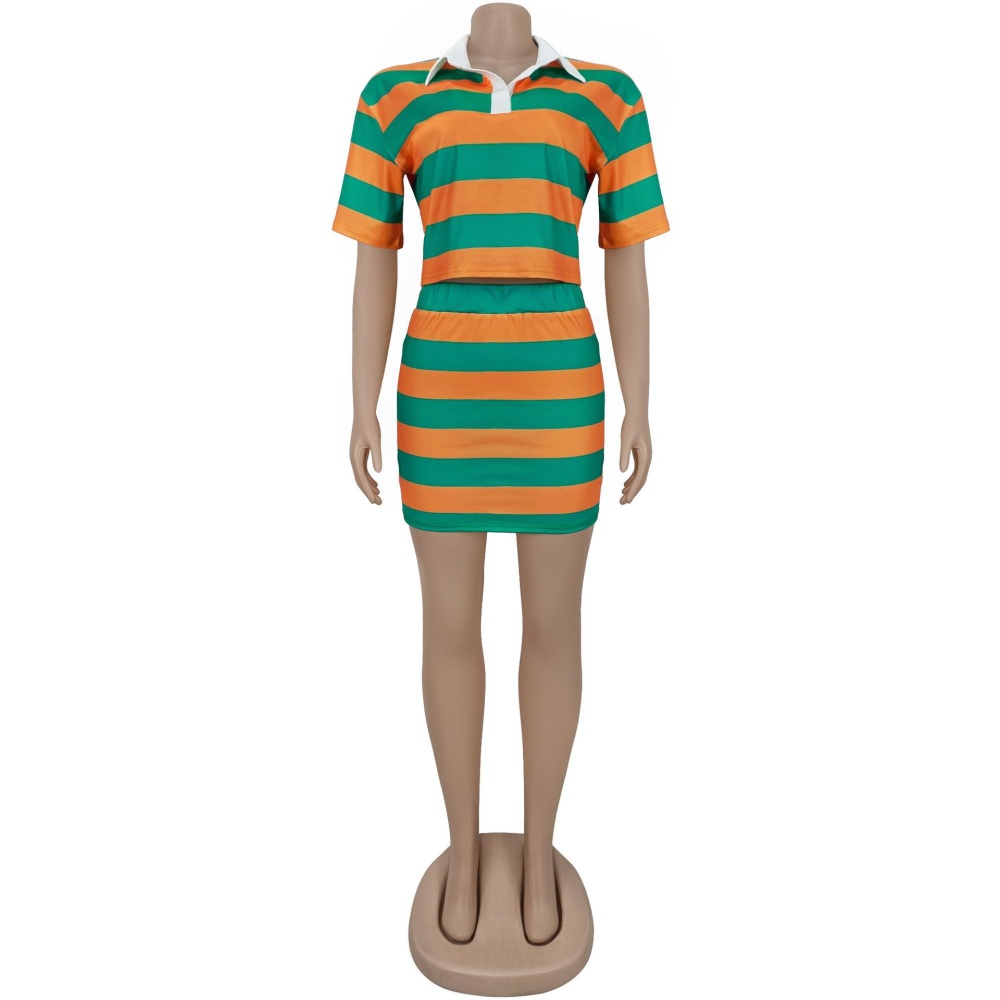 European style stripe short skirt slim tops 2pcs set for women