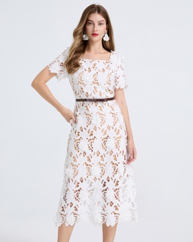 Hollow short sleeve colors slim square collar dress