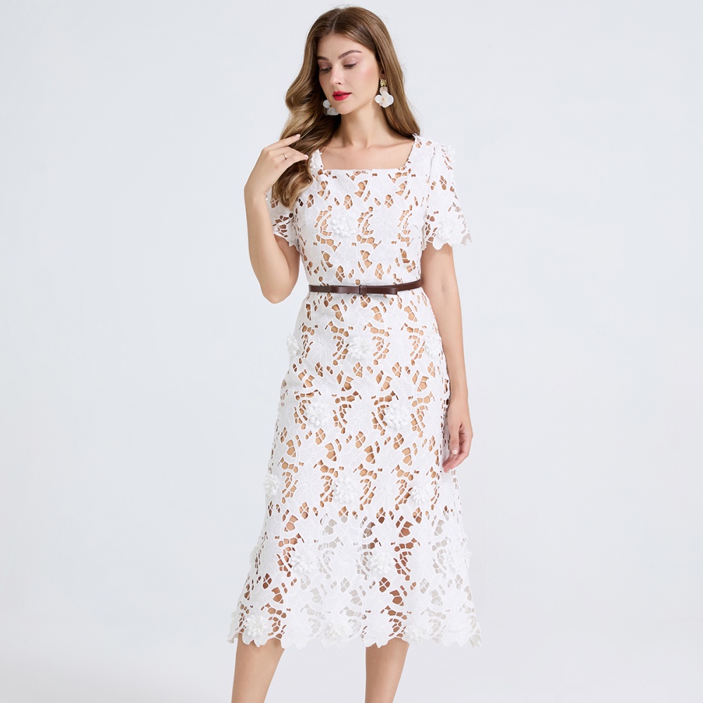 Hollow short sleeve colors slim square collar dress