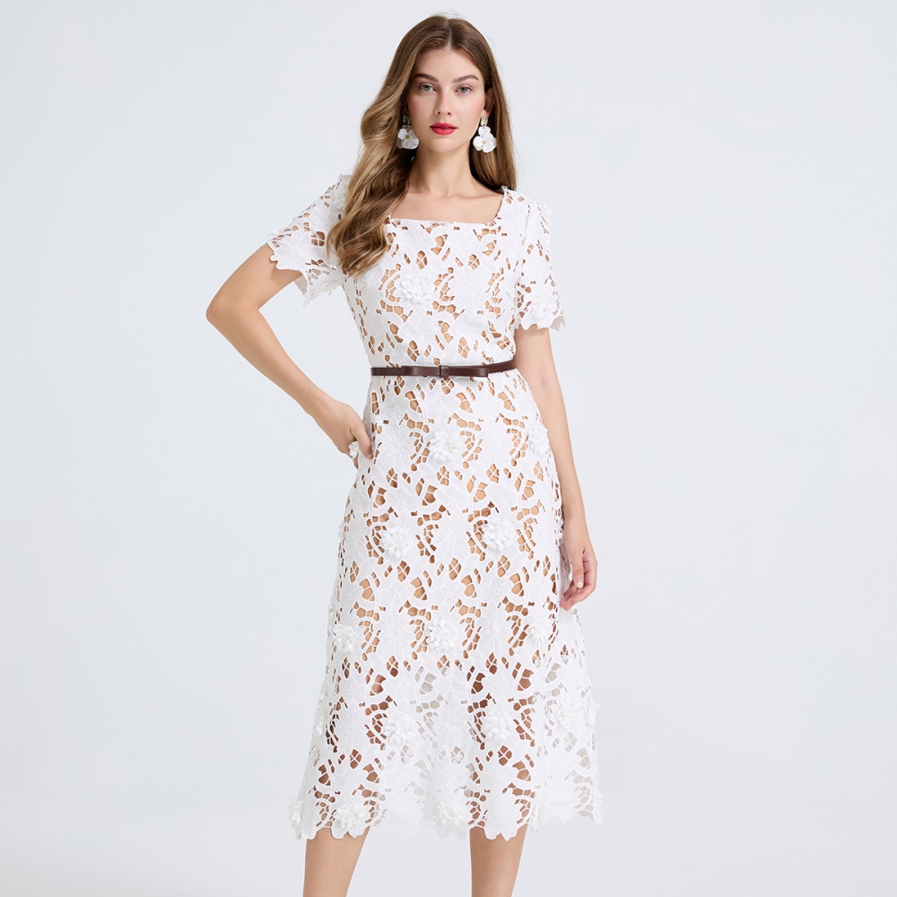 Hollow short sleeve colors slim square collar dress