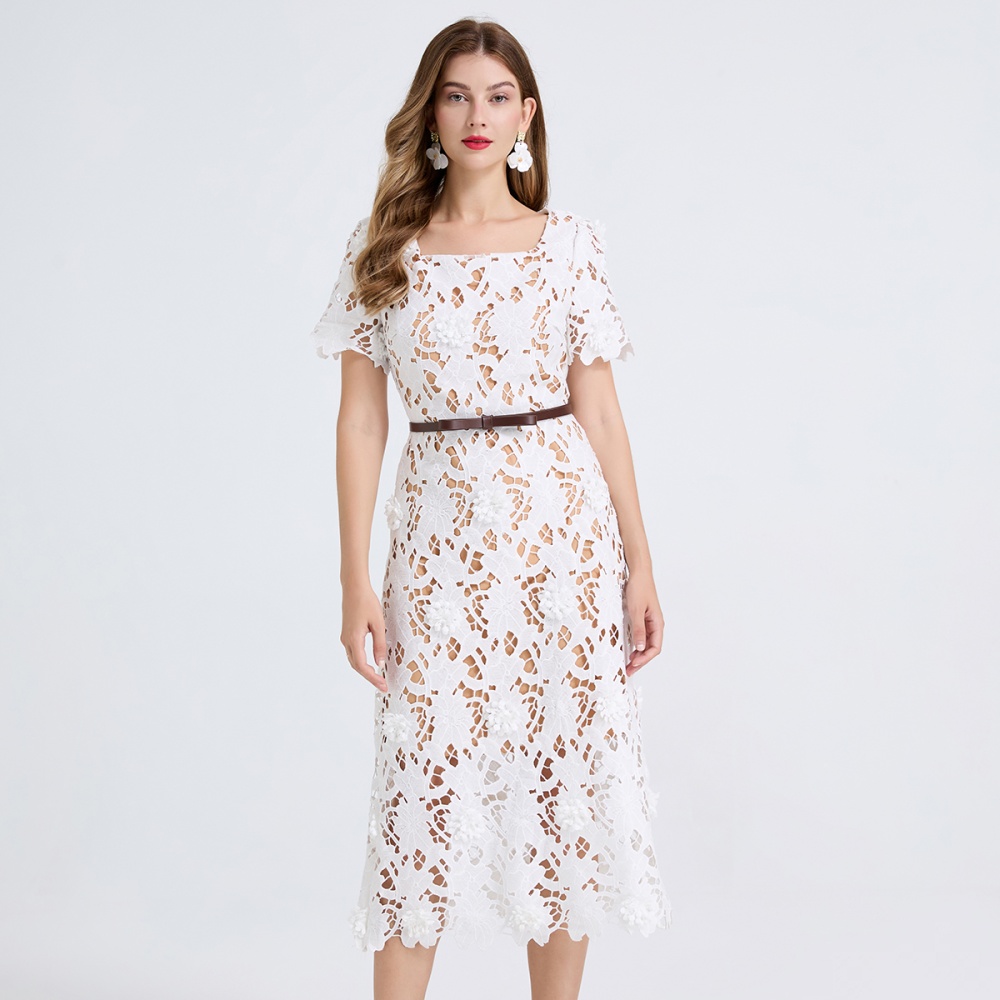 Hollow short sleeve colors slim square collar dress