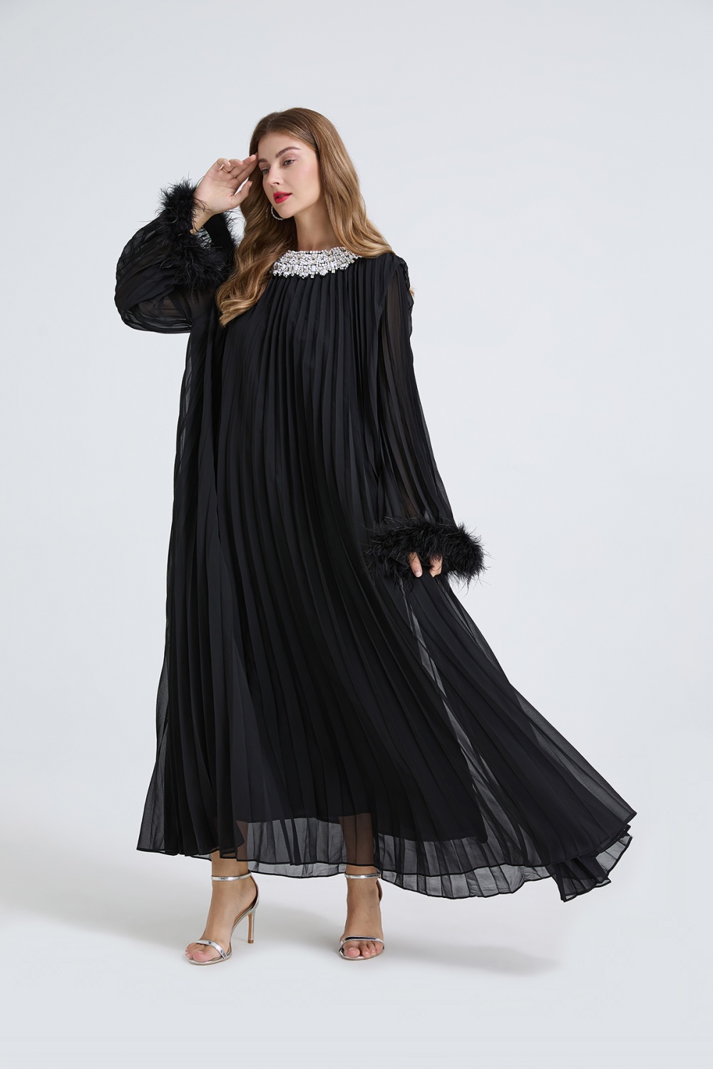 Rhinestone pleated small dress big skirt loose belt
