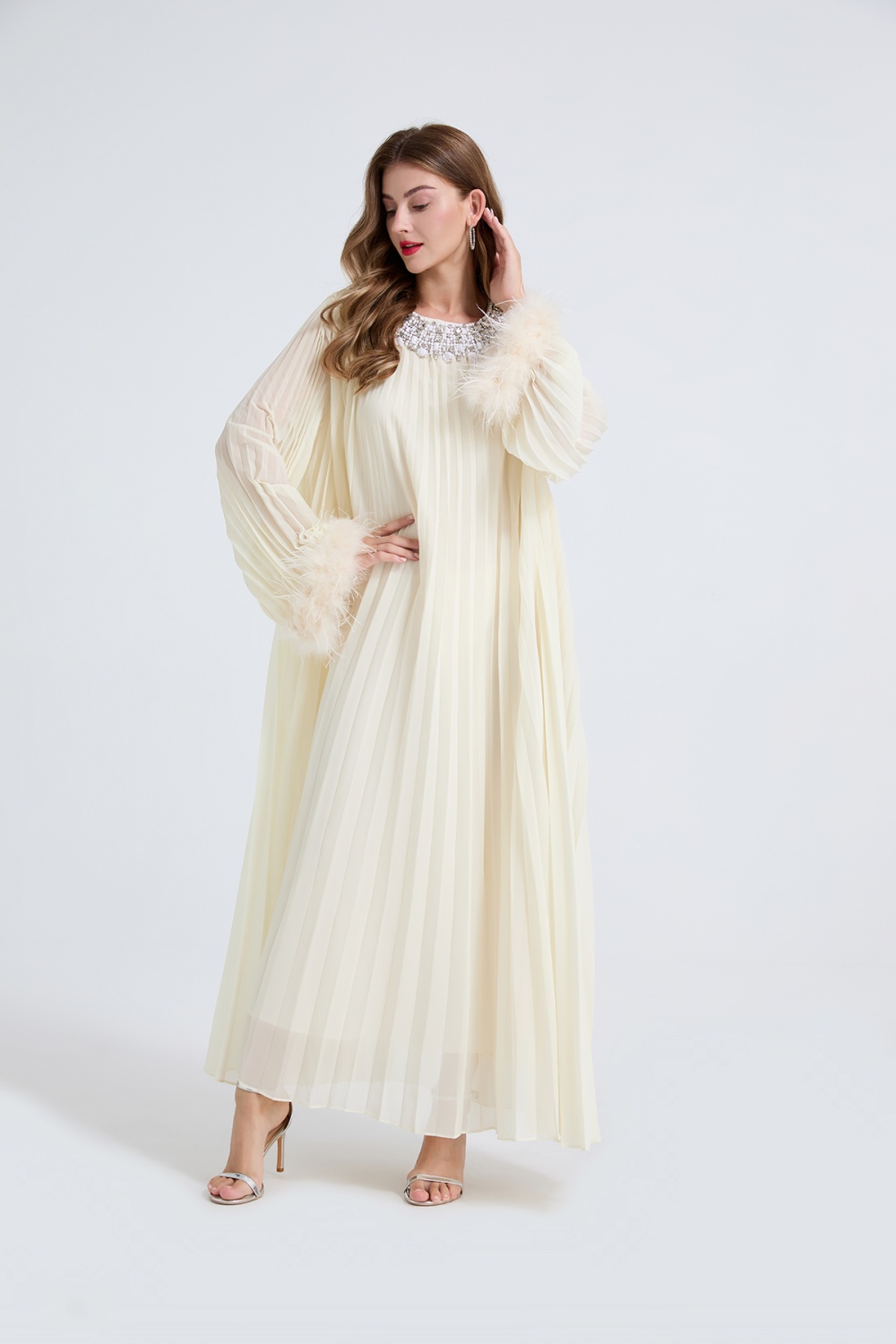 Rhinestone pleated small dress big skirt loose belt