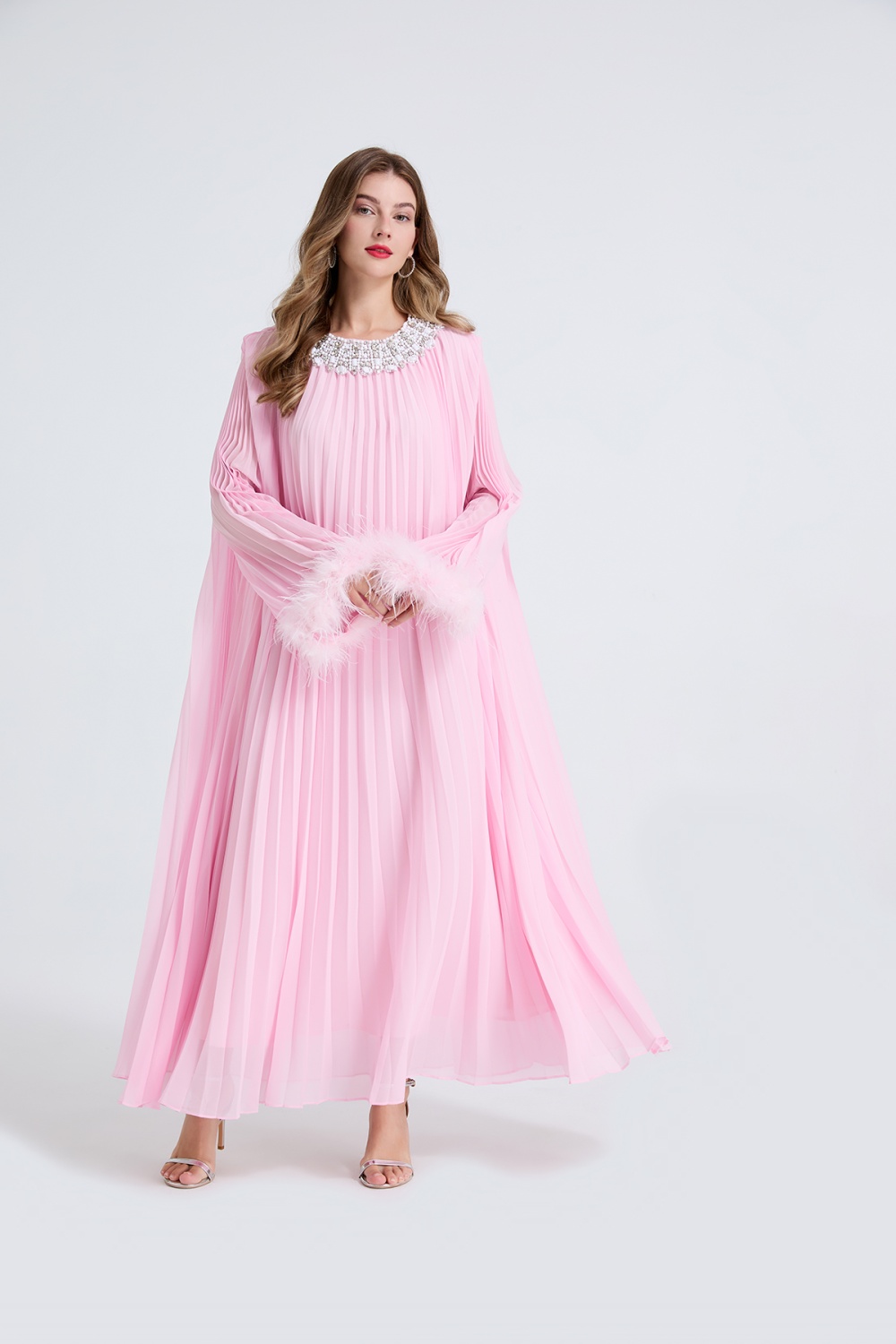 Rhinestone pleated small dress big skirt loose belt