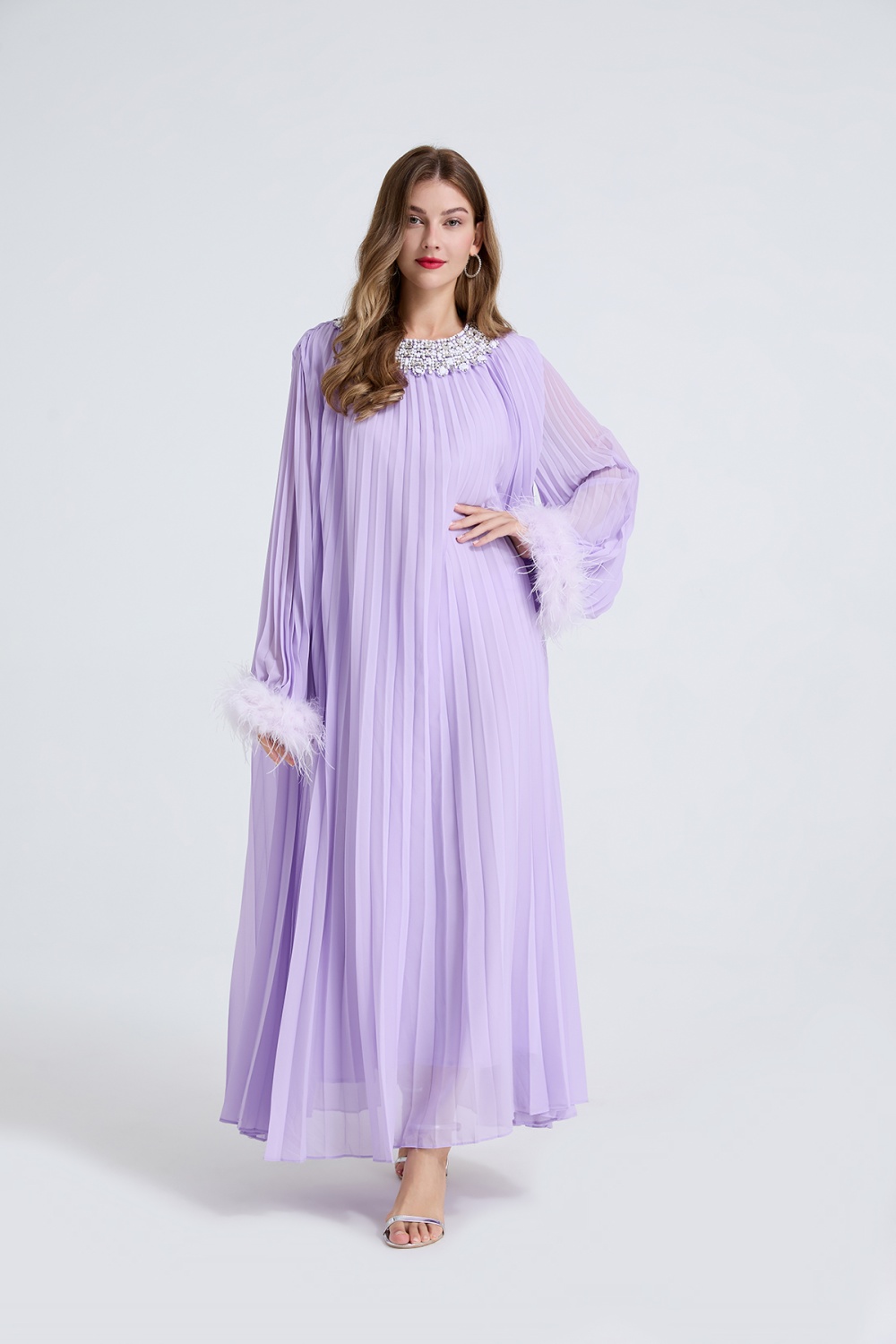 Rhinestone pleated small dress big skirt loose belt