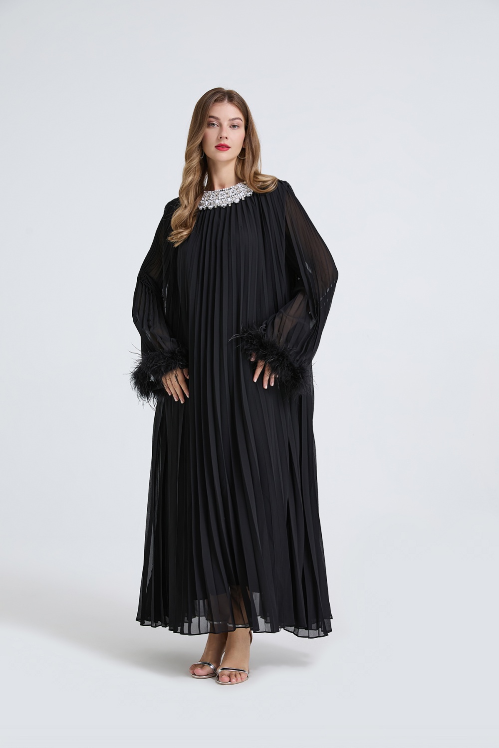 Rhinestone pleated small dress big skirt loose belt