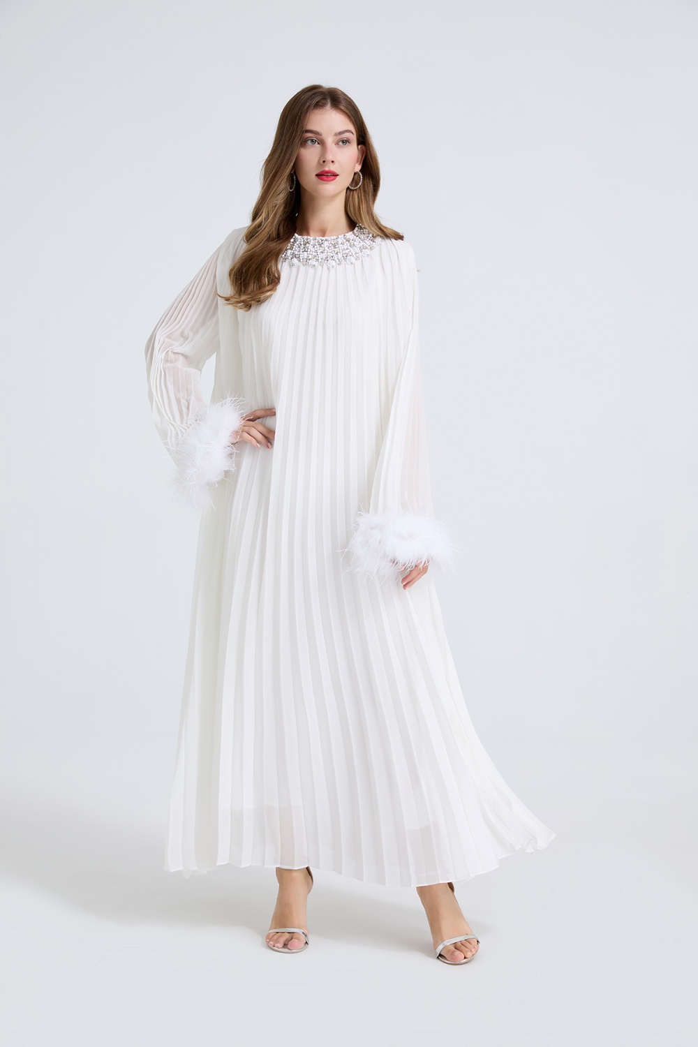 Rhinestone pleated small dress big skirt loose belt