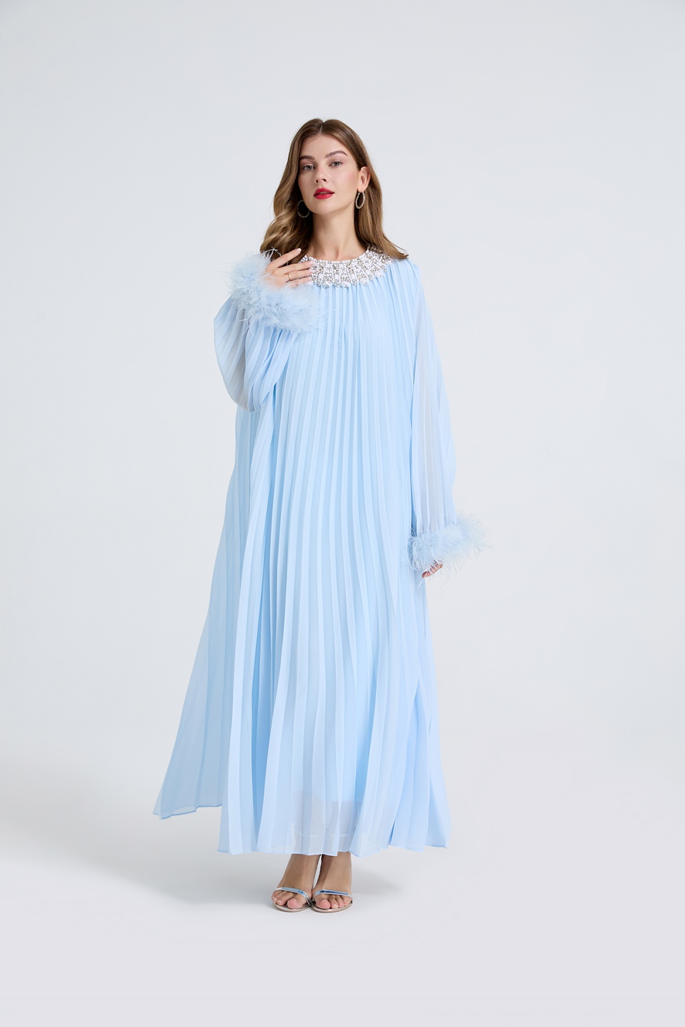 Rhinestone pleated small dress big skirt loose belt