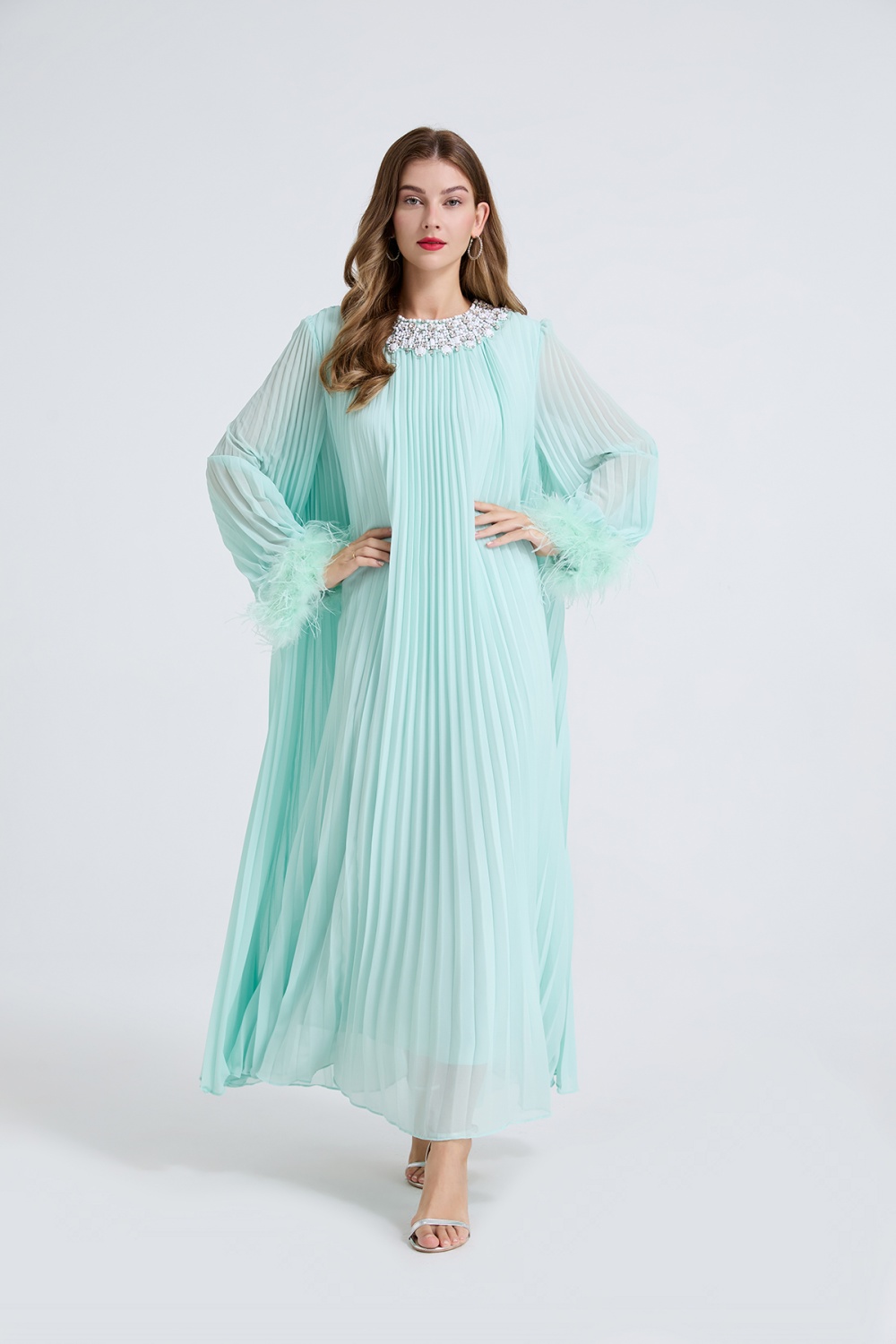 Rhinestone pleated small dress big skirt loose belt