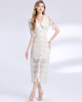 Large lapel collar package hip lace dress for women