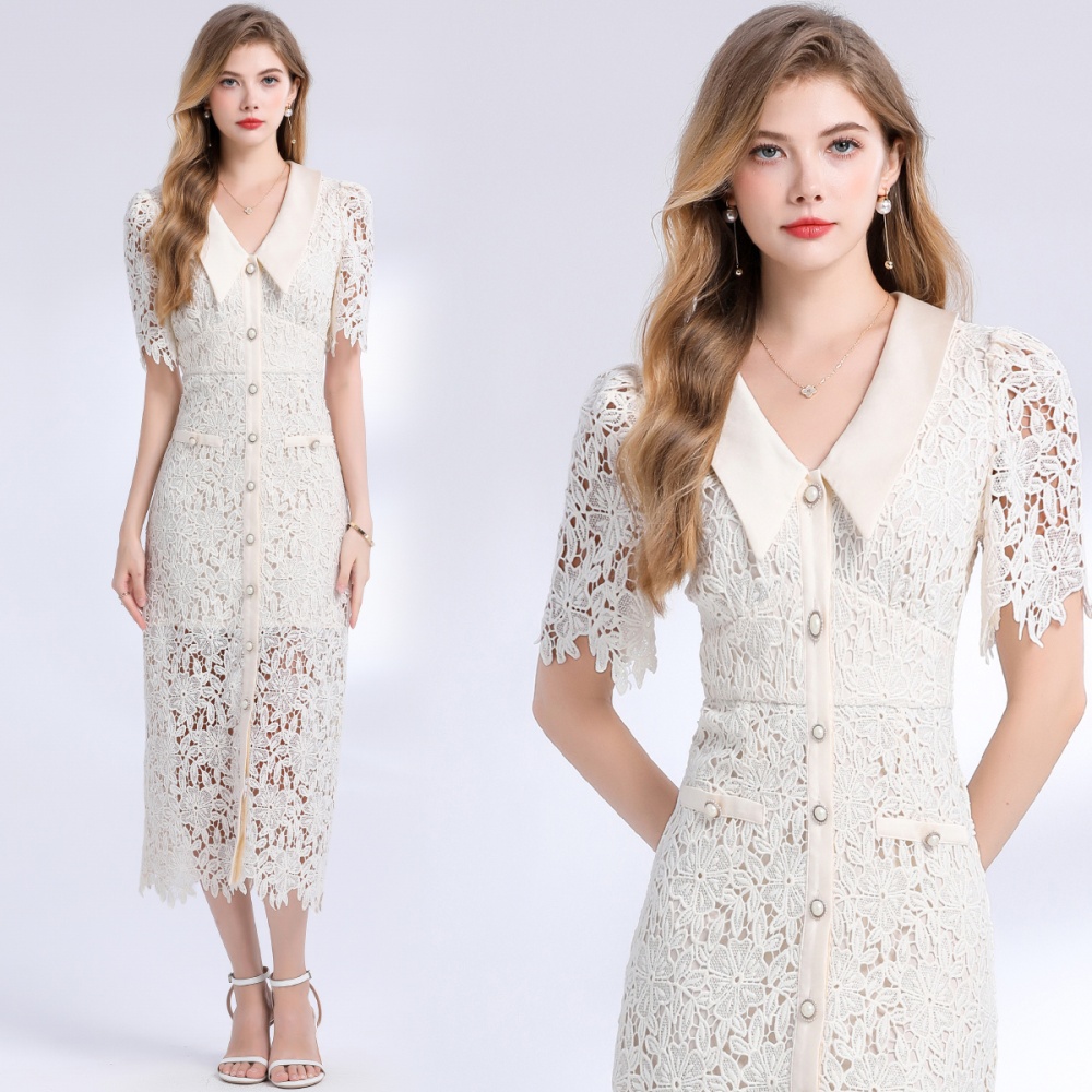Large lapel collar package hip lace dress for women