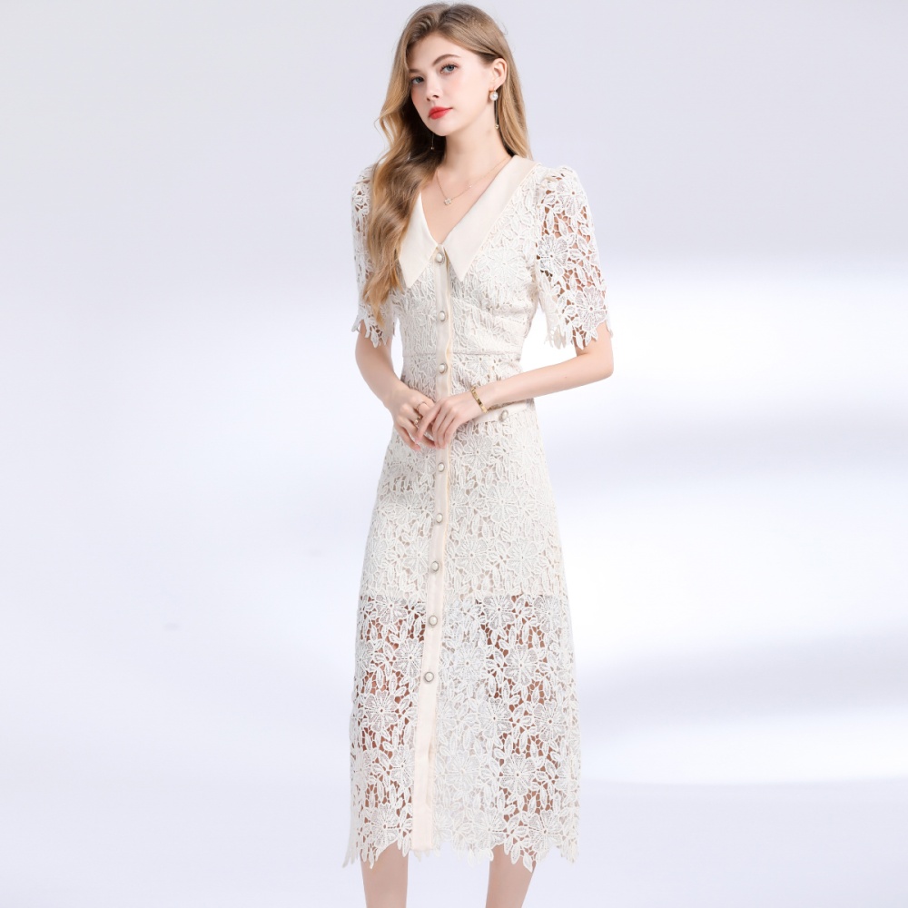 Large lapel collar package hip lace dress for women