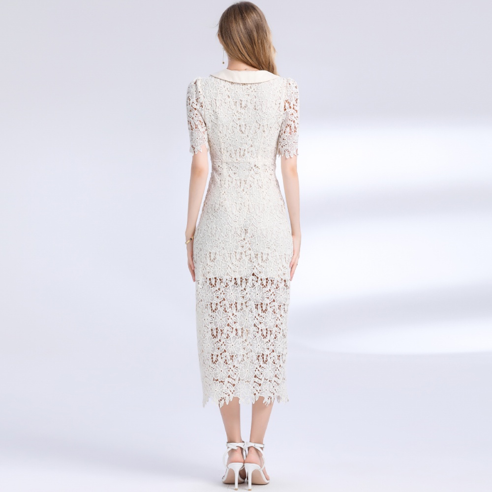 Large lapel collar package hip lace dress for women