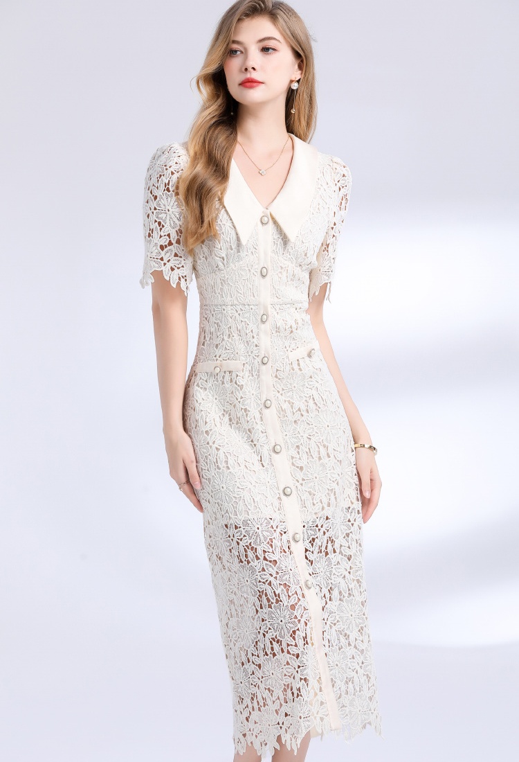 Large lapel collar package hip lace dress for women
