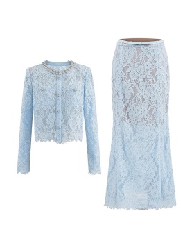 Chanelstyle rhinestone package hip with belt lace skirt 2pcs set