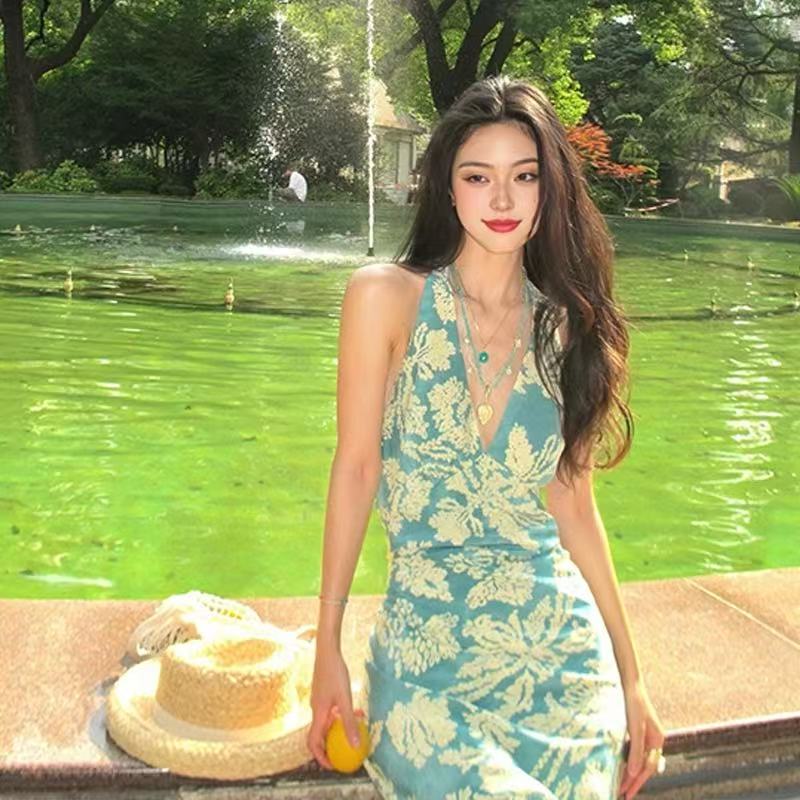 Floral summer long dress V-neck France style dress for women