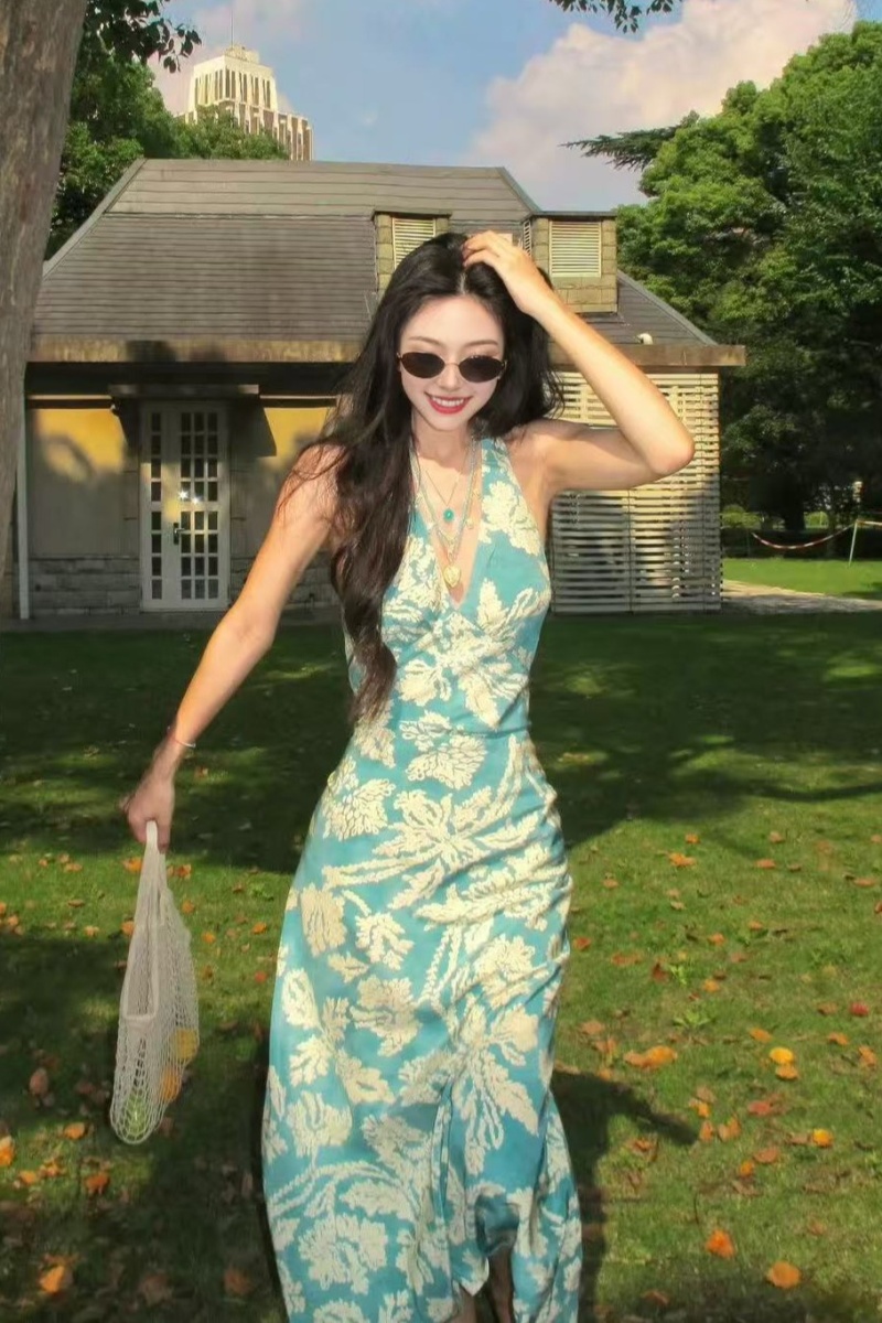 Floral summer long dress V-neck France style dress for women