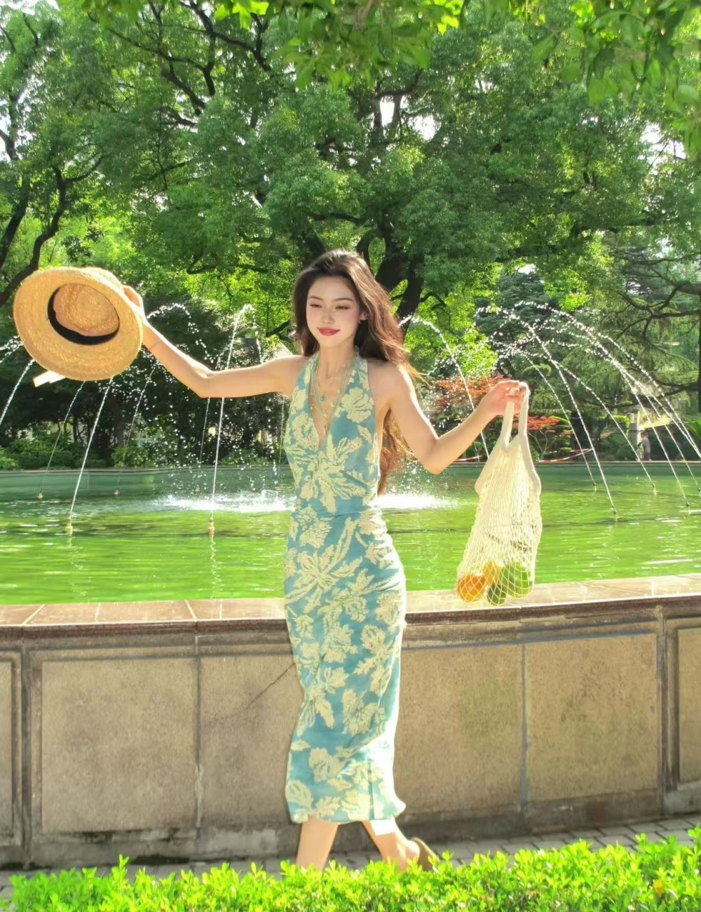 Floral summer long dress V-neck France style dress for women