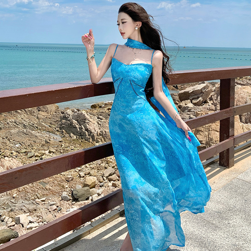 Blue France style long dress summer dress for women