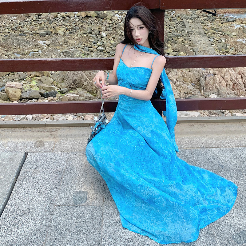 Blue France style long dress summer dress for women