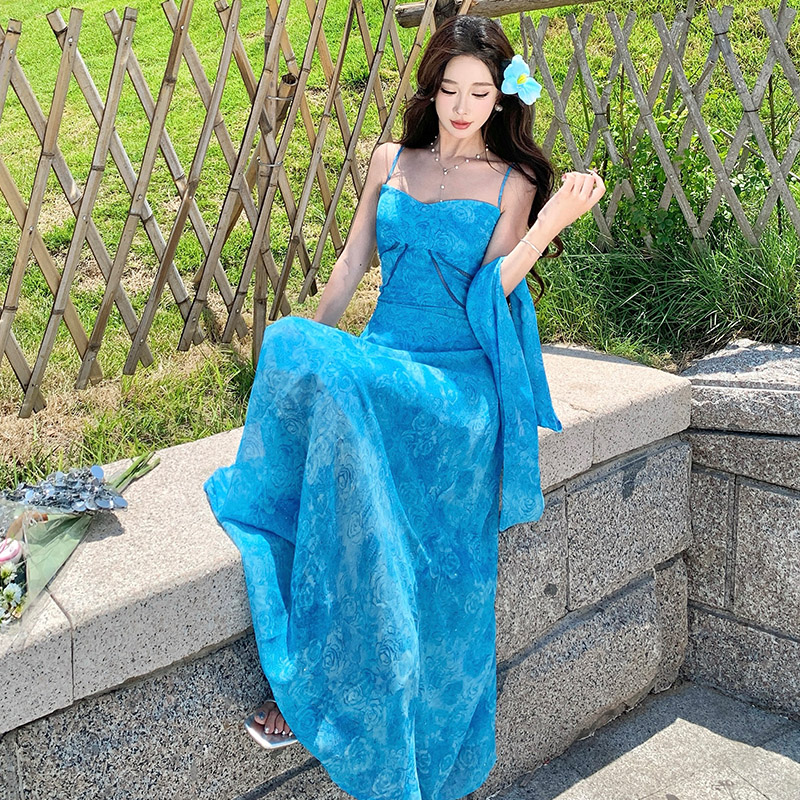 Blue France style long dress summer dress for women