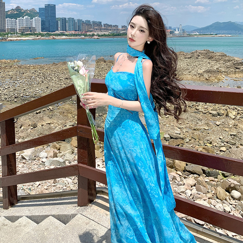 Blue France style long dress summer dress for women