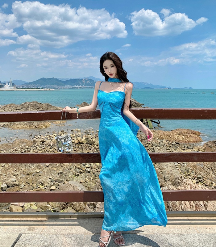 Blue France style long dress summer dress for women
