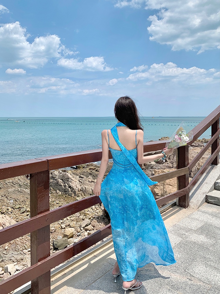 Blue France style long dress summer dress for women