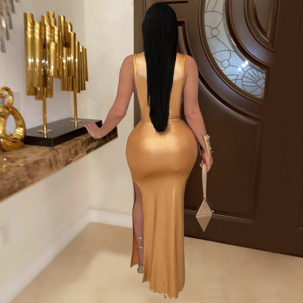 Sexy high collar elegant European style fashion split dress