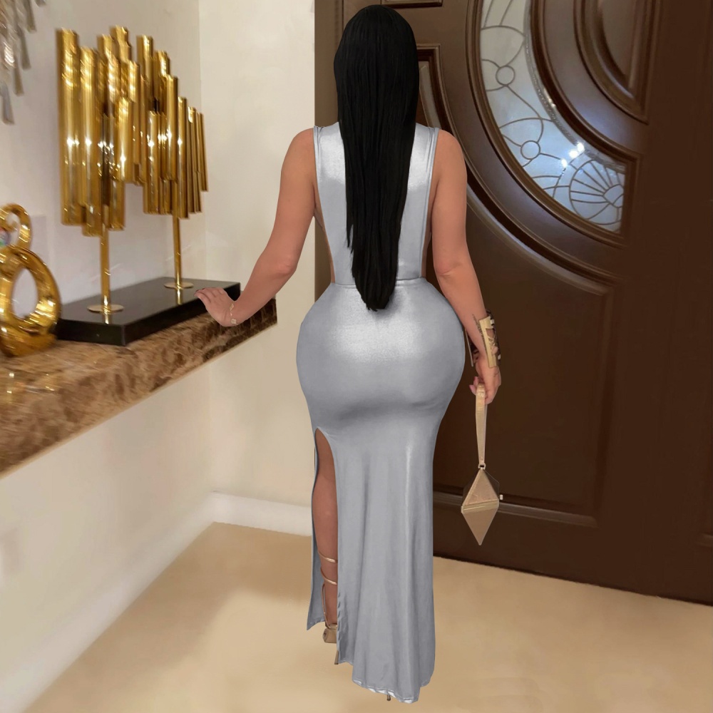 Sexy high collar elegant European style fashion split dress