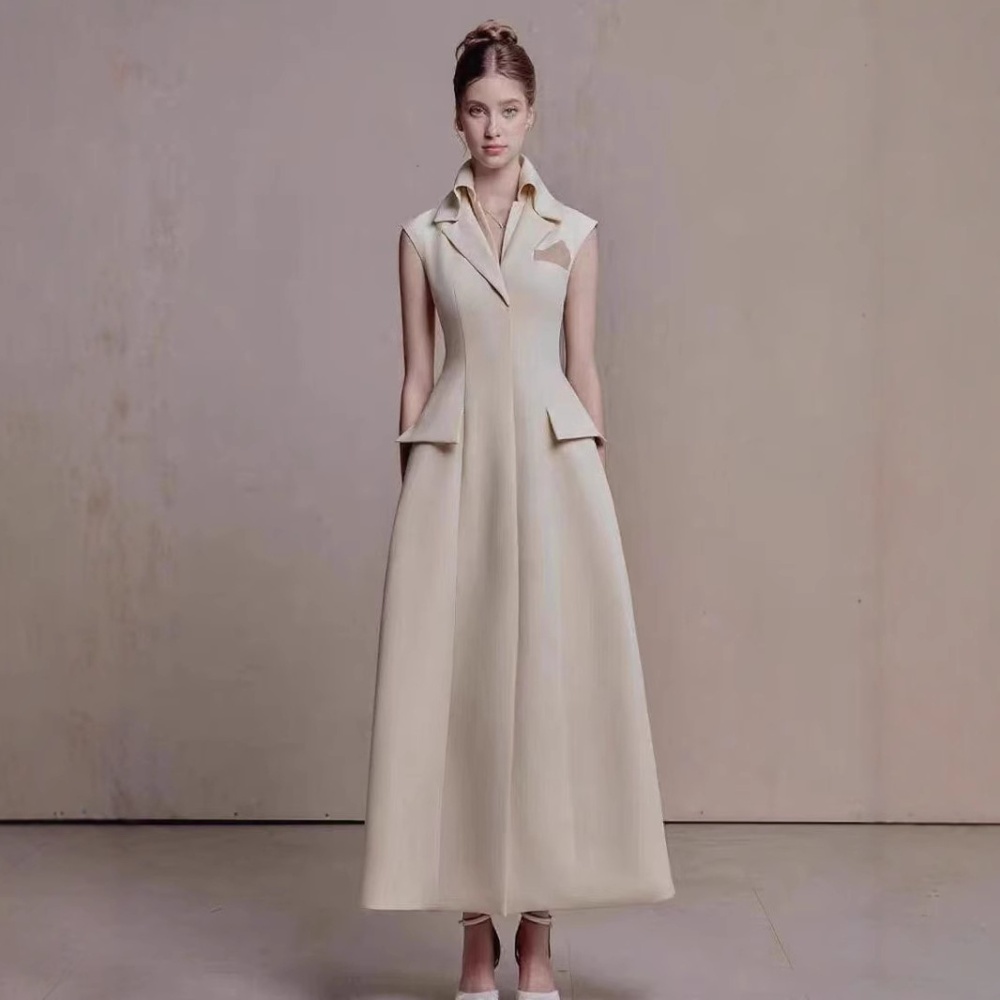 Commuting niche lapel dress pinched waist temperament long dress