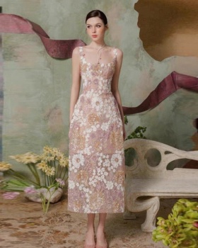 Flowers sling lace long dress temperament sequins dress
