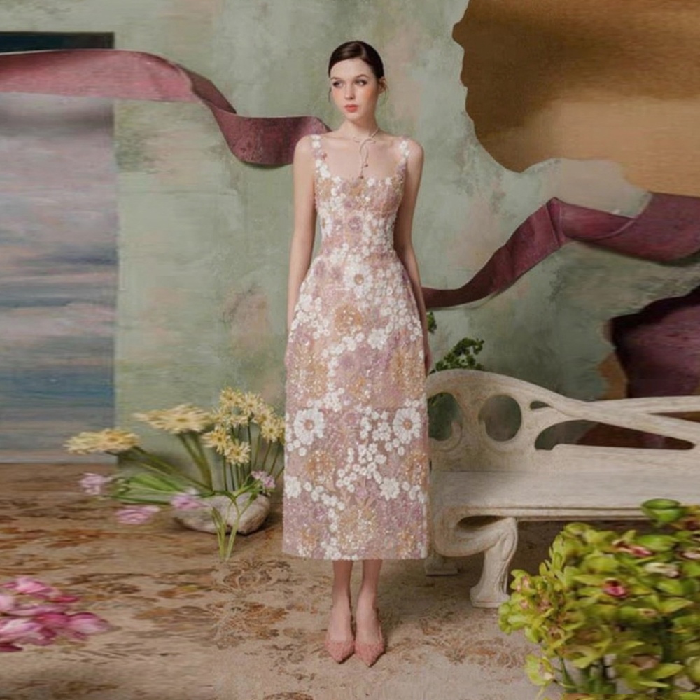 Flowers sling lace long dress temperament sequins dress