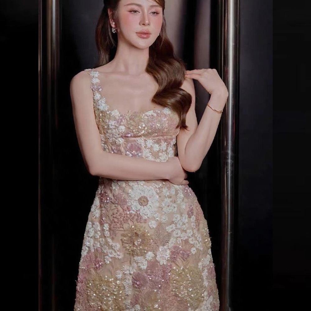 Flowers sling lace long dress temperament sequins dress