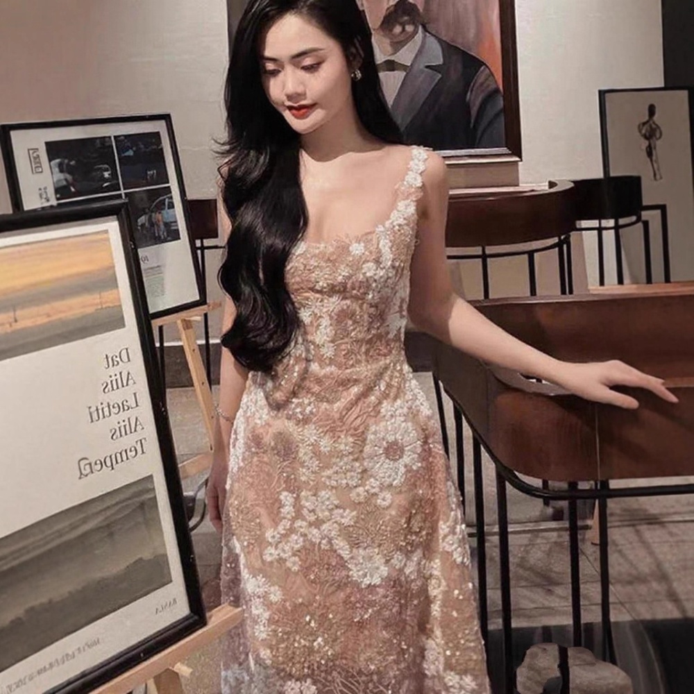 Flowers sling lace long dress temperament sequins dress