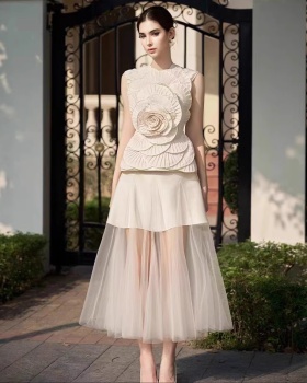 Niche stereoscopic flowers tops gauze temperament dress a set