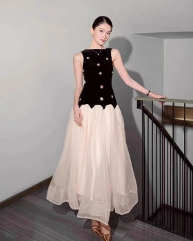 Splice niche long dress pinched waist flowers dress
