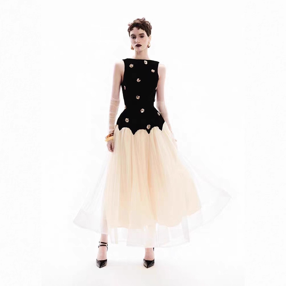 Splice niche long dress pinched waist flowers dress