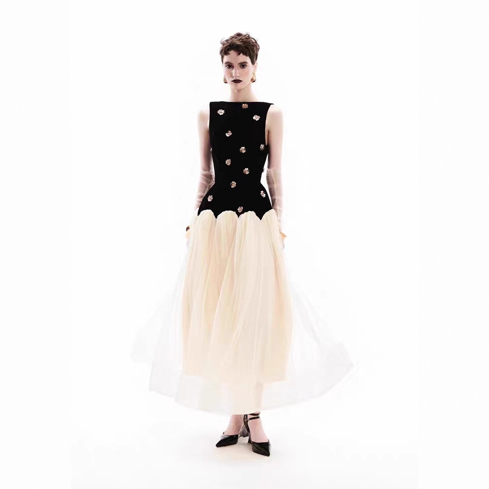 Splice niche long dress pinched waist flowers dress