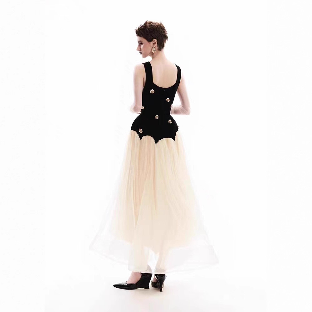 Splice niche long dress pinched waist flowers dress