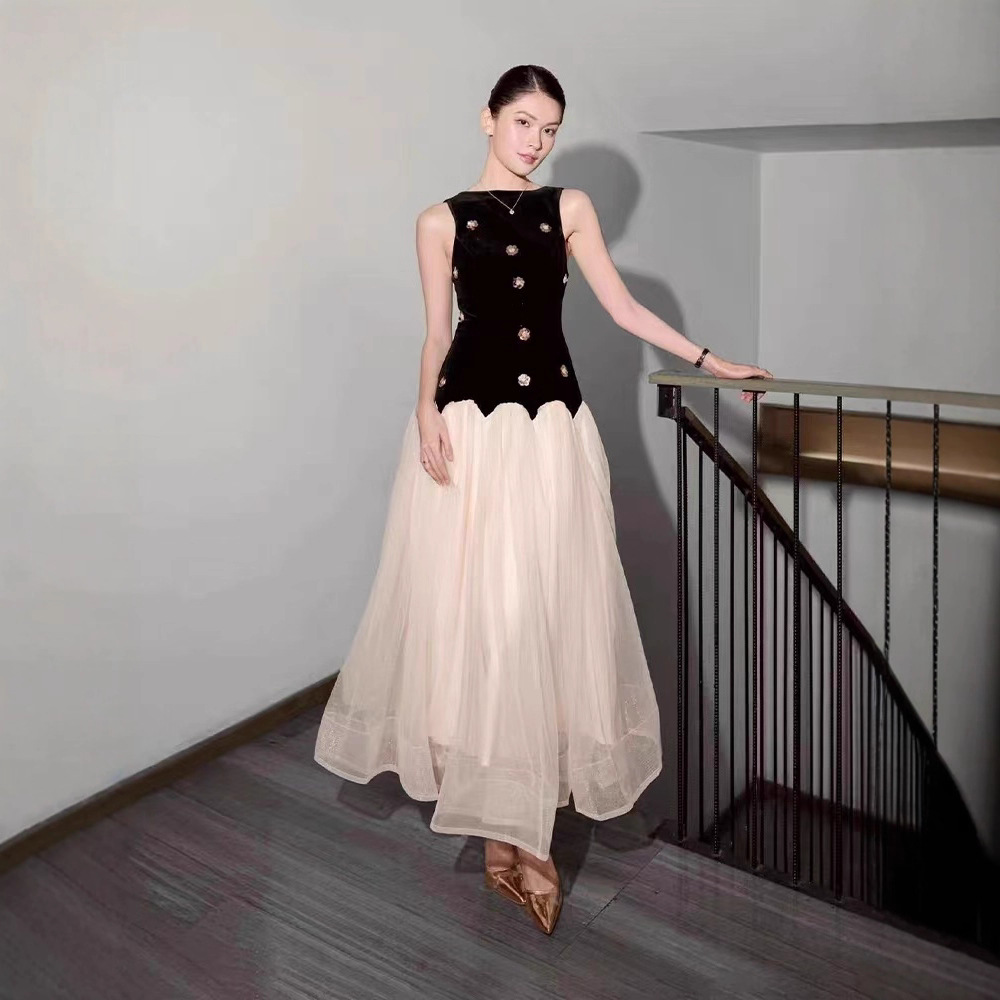 Splice niche long dress pinched waist flowers dress