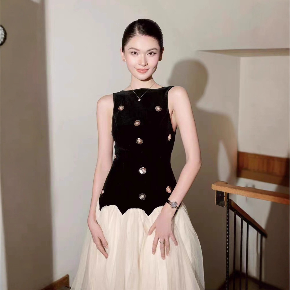 Splice niche long dress pinched waist flowers dress