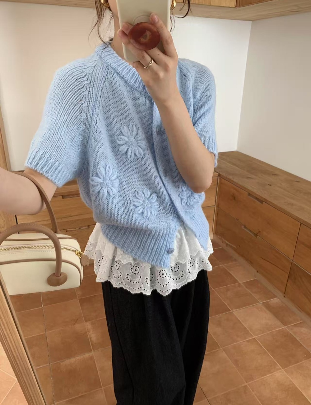 Mohair short sleeve cardigan autumn tops for women
