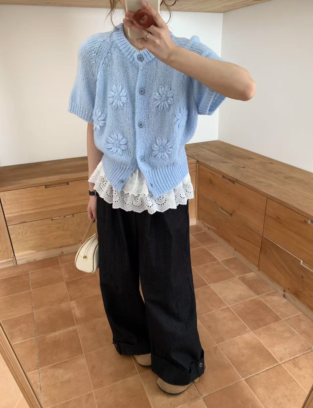 Mohair short sleeve cardigan autumn tops for women