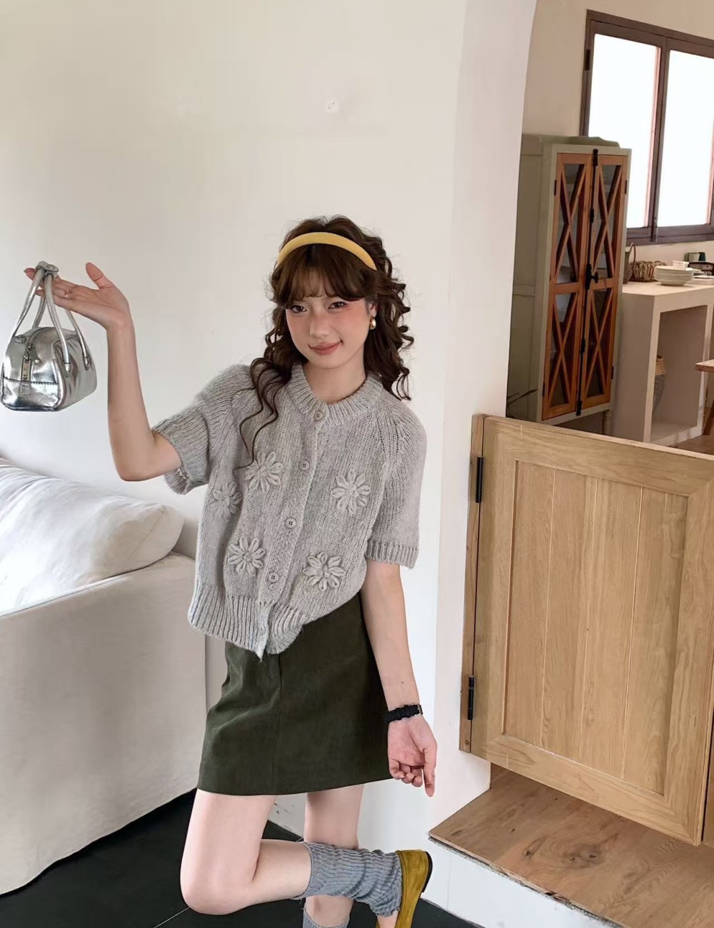Mohair short sleeve cardigan autumn tops for women