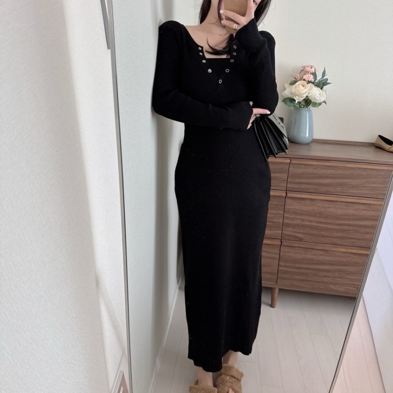 Temperament Korean style Pseudo-two long slim bottoming dress