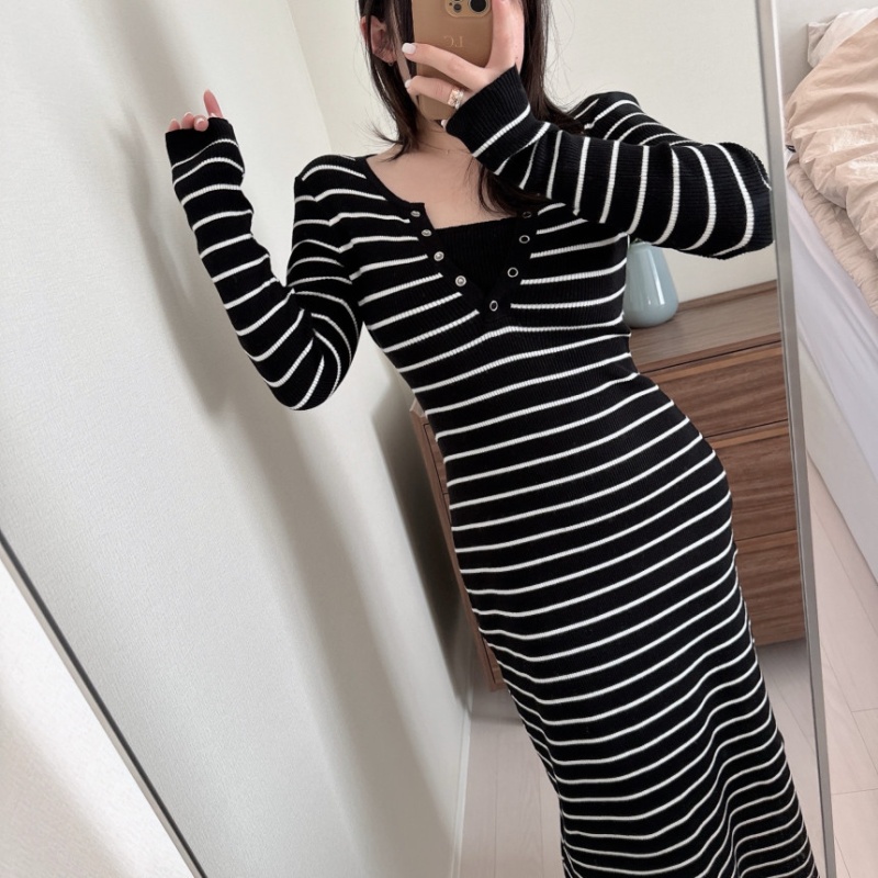 Temperament Korean style Pseudo-two long slim bottoming dress