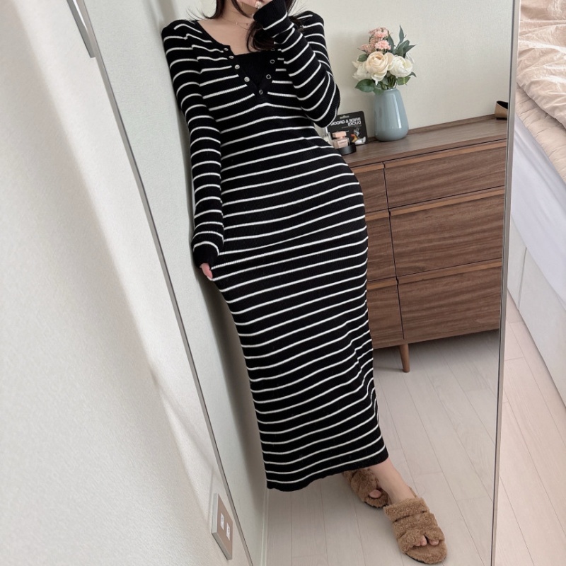 Temperament Korean style Pseudo-two long slim bottoming dress