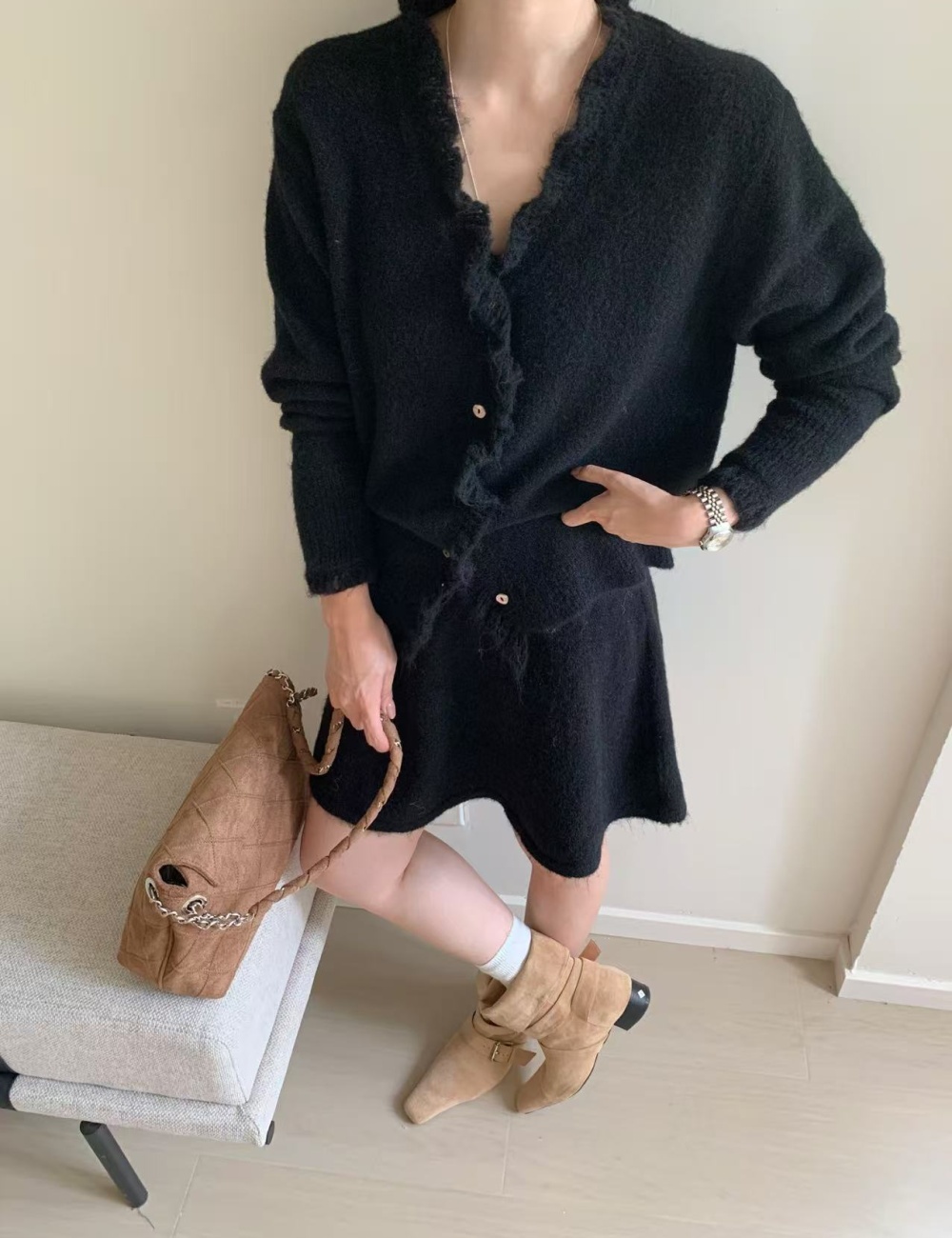 Sweet autumn fashion sweater lazy Korean style slim skirt 2pcs set