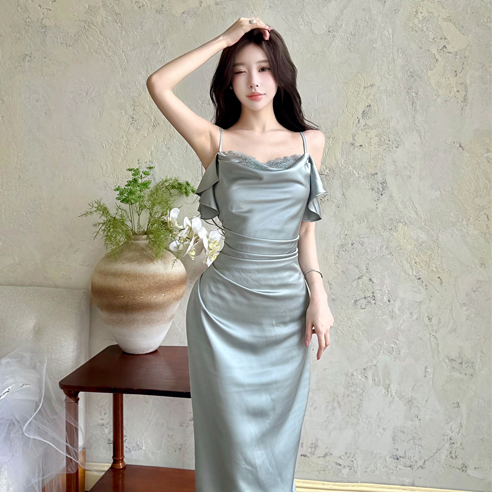 Heap collar strapless dress lotus leaf edges long dress